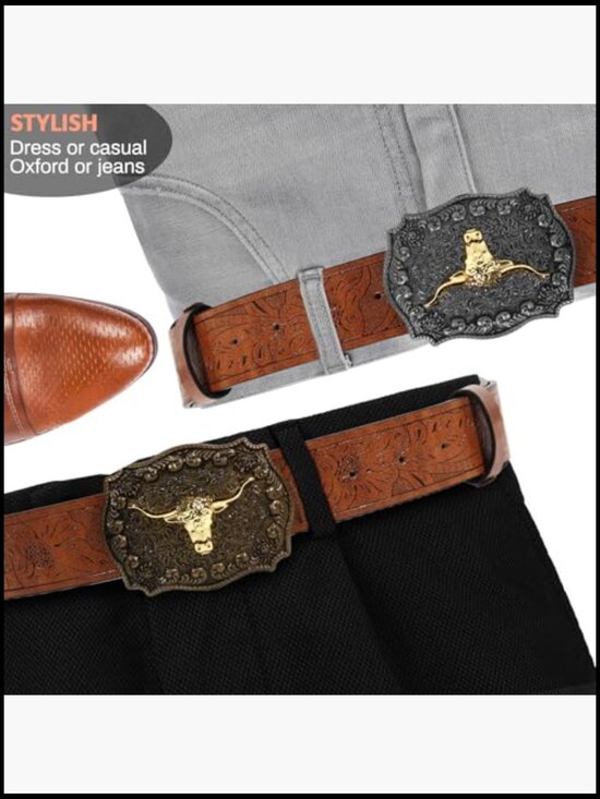 2-Pack Western Cowboy Belts PU Leather Gold Silver Buckle 28-41 Inch main image 7